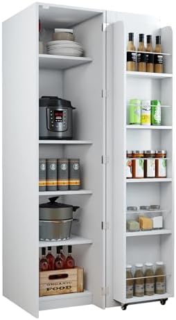 KEIKI 21.65" W Slim Kitchen Pantry Storage Cabinet with Door-Side Rack & Shelves, Tall Narrow Freestanding Sideboard Wood Hutch Food Pantries Cupboard for Coffee Bar, Dining Room