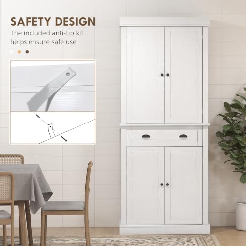HOMCOM 72.5" Kitchen Pantry Cabinet Freestanding 4 Doors White Wood Grain