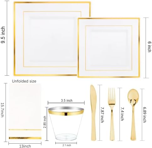 Festiva 350Pcs Gold Plastic Plates - Disposable Square Gold Plates Dinnerware set include 9.5"/6" Plates,Cups,Plastic Cutlery,Hand Napkins Perfect for 50 guests Party&Birthday&Wedding