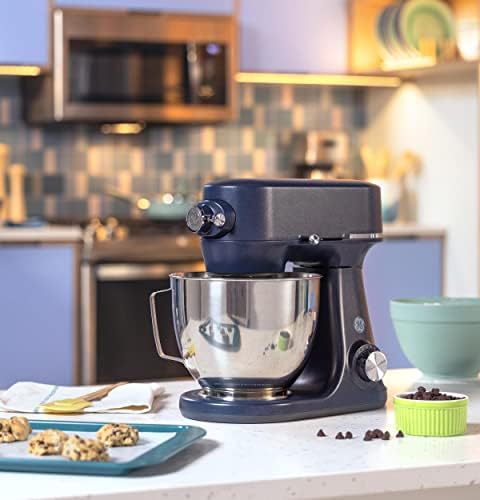GE Tilt-Head Electric Stand Mixer | 7-Speed, 350-Watt Motor | Includes 5.3-Quart Bowl, Flat Beater, Dough Hook, Wire Whisk & Pouring Shield | Countertop Kitchen Essentials | Sapphire Blue