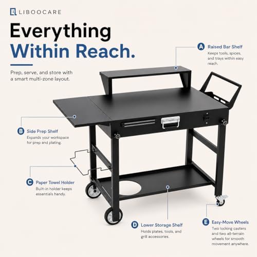 Grill Cart for Blackstone 22 Inch Griddle, 31" Tall Foldable Outdoor Griddle Table with Wheels, BBQ Prep Station with Side Shelf, Bar Top Shelf & Lower Storage