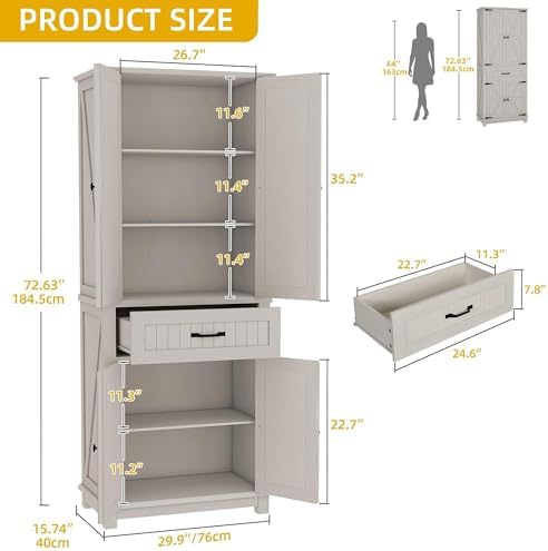 DWVO 72" Kitchen Storage Cabinet with Drawer and Adjustable Shelves, White
