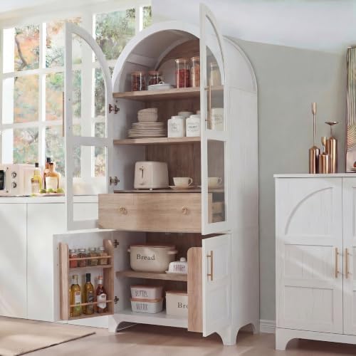 Merax 71" Farmhouse Arched Pantry Cabinet with Glass Doors & Hidden Drawer, Adjustable Shelves Storage Cupboard for Kitchen/Dining Room, White