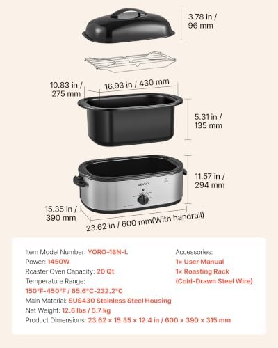 VEVOR Electric Roaster Oven, 20 Qt 1450W, Turkey Roasting Pan, Metal Lid