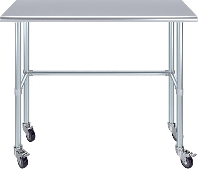 Stainless Steel Work Table Open Base & Wheels | Work Station | Metal Work Bench (Stainless Steel Work Table Open Base + Casters) (48" Long x 18" Deep)