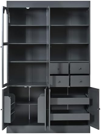 Merax Wood Kitchen Pantry with 4 Drawers, 3 Cabinets and Hutch, Tall Cupboard Dining Storage Cabinet with Door Shelves and Pull-Out Trays for Living Room, Kitchen, Dining Room Gray