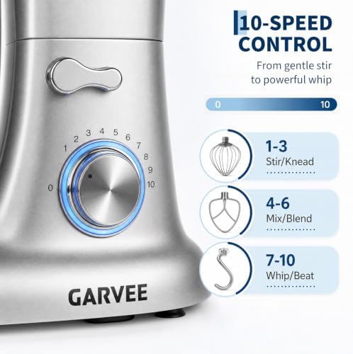 Garvee 5.3 QT Tilt-Head Stand Mixer, 500W Motor, 10-Speed Electric Kitchen Mixer with Stainless Steel Bowl, Dough Hook, Flat Beater & Wire Whisk for Bread Dough, Cake, Cookies & Pizza, Silver