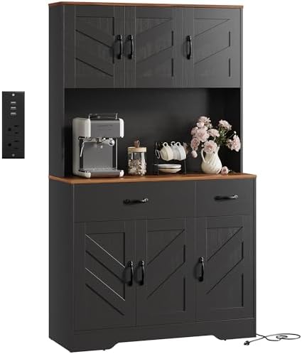 IDEALHOUSE 71" Kitchen Pantry Cabinet with Charging Station, Black