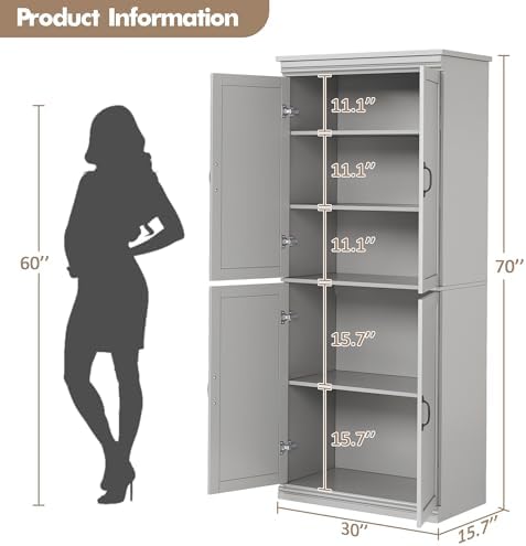 70 Inch Tall Pantry Cabinet, Wood Kitchen Storage Cabinet with 4 Doors & Adjustable Shelves, Modern White Pantry Organizer Cupboard for Dining Room, Living Room