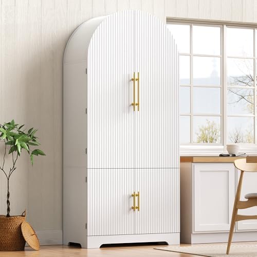 Merax 72" Tall Arched Cabinet Kitchen Pantry with 4 Doors, Fluted Storage Cabinets with 3 Adjustable Shelves & 1 Hidden Drawer & 8 Door Shelves, Versatile Cupboard for Kitchen, Dining Room (White)