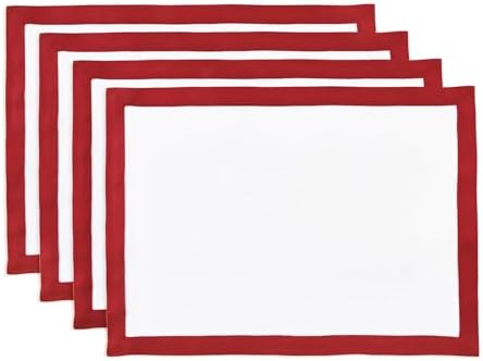 Solino Home 100% Linen Placemats, 14 x 19 in, Red Border, Classic, Set of 4
