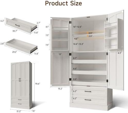 71" Tall Kitchen Pantry Cabinet, Freestanding Storage Cabinet with Drawers