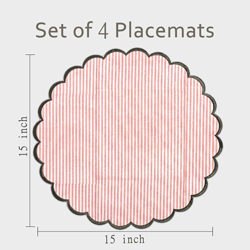 Ridhi Hand Block Print Round Placemats 15 Inch, Set of 4,Heart Pink Stripe