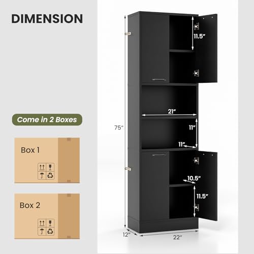 75” Kitchen Pantry Cabinet, Tall Freestanding Kitchen Hutch with 4 Doors, 2 Open Shelves & 4 Anti-Tipping Devices, Bathroom Storage Cabinet for Living Room, Dining Room (Black)