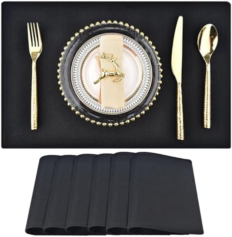 SLKQG Black Faux Linen Placemats Set of 6, Heat Resistant Washable Double Layer Cloth Place Mats for Dining Table, Wrinkle Resistant Linen Textured Farmhouse Kitchen Decor (6, Black)
