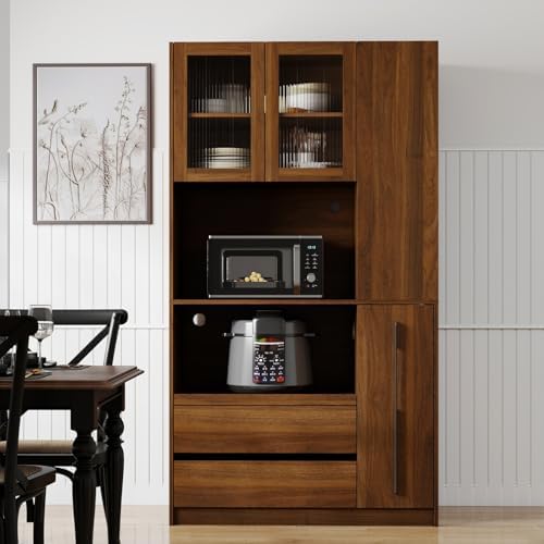 KEIKI 70.87" Tall Kitchen Pantry Storage Cabinet with Pull-Out Shelf, Side Shelves, 2 Drawers, Glass Doors & Microwave Stand, Freestanding Wood Hutch Food Pantries Cupboard for Dining Room