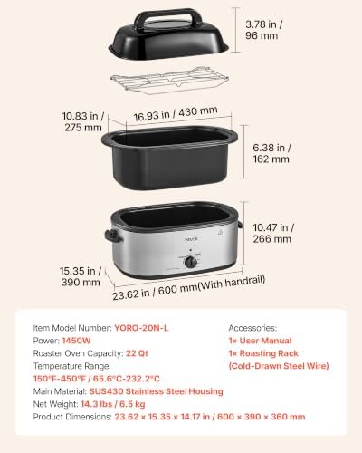 VEVOR Electric Roaster Oven, 22 Qt 1450W, Turkey Roasting Pan, Viewing Lid