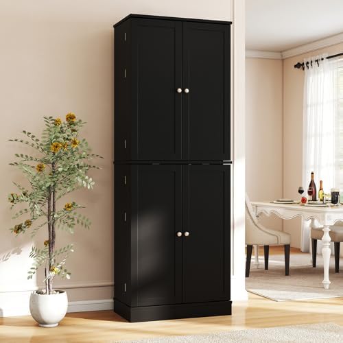 GIANTEX Kitchen Pantry Cabinet, 65.5" Tall Kitchen Hutch w/8-Tier Storage Cabinet, 16-Tier Door Shelves & Adjustable Shelves, 4-Door Freestanding Buffet Sideboard for Dining Room, Living Room (Black)