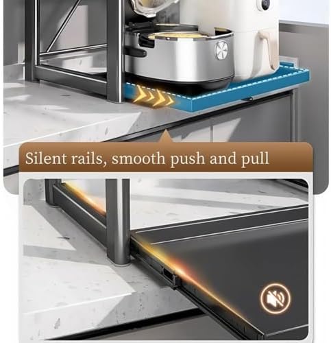 Adjustable 2-Tier Microwave Stand with Pull-Out Tray, Metal Kitchen Organizer Rack, Space-Saving Storage for Rice Cooker & Kitchen Essentials, 6 Hooks Included