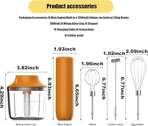 Cordless Hand Mixer, 4-in-1 Handheld Electric Mixer with Electric Whisk Frother & 10 oz Mini Food Chopper, USB-C Rechargeable 4-Speed Hand Mixer for Eggs, Cream, Coffee & Small-Batch Prep