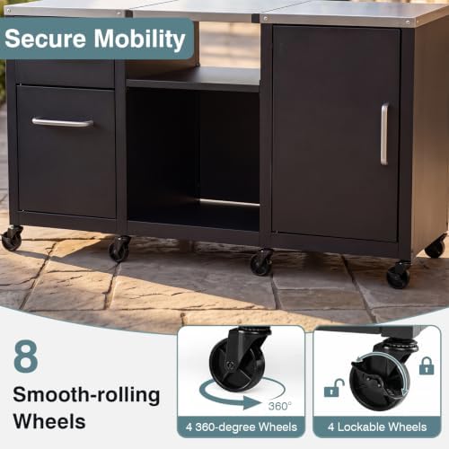 HAPPYGRILL 59” Outdoor Grill Table w/2 Removable Shelves & Storage Cabinets