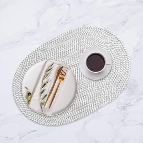 Oval Woven Placemats Set of 8 Heat Resistant Placemats 17.5 x 12 Inches Farmhouse Cotton Rope Place Mats for Dining Tables Trivets for Hot Dishes, Grey Set