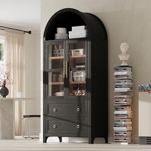 Ball & Cast Arched Kitchen Pantry Cabinet with Glass Door&2 Large Drawers,Modern Farmhouse Kitchen Storage Cabinets W/Adjustable Shelves,Wood Versatile Cupboard for Kitchens,Dining Room,Black,71" Tall