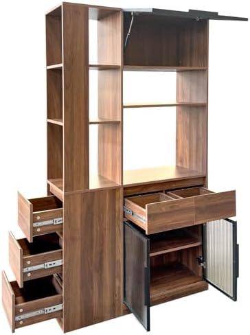KEIKI 70.87" Tall Kitchen Pantry Storage Cabinet with 5 Drawers, Side Shelves, Glass Doors & Microwave Stand, Freestanding Wood Hutch Food Pantries Cupboard Organizer for Entrance Dining Room, Hallway