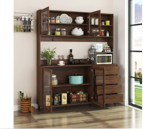KEIKI 75" H Kitchen Pantry Storage Cabinet with Countertop, Glass Doors