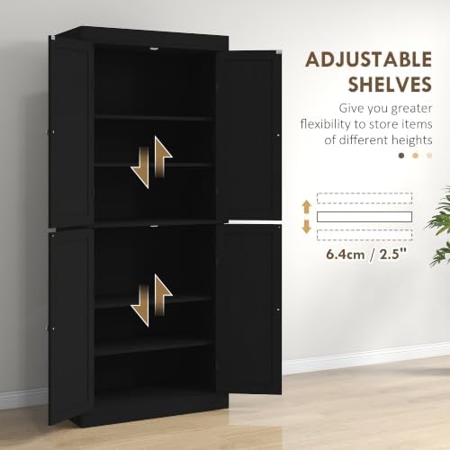 HOMCOM 72.5" Tall Kitchen Pantry Cabinet 4 Doors Modern Black Wood Grain