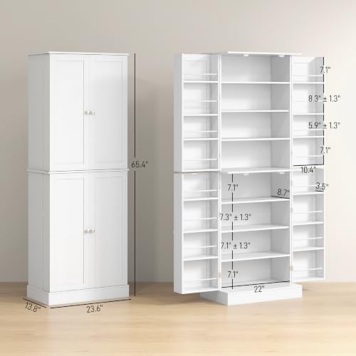 HOMCOM 65" Kitchen Pantry Storage Cabinet 16 Door Shelves White