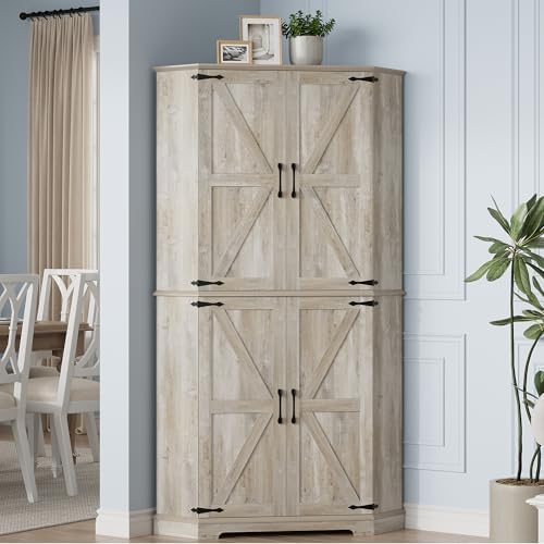 IRONCK Corner Cabinet, 72" Farmhouse Pantry Cabinet, Rustic Maple