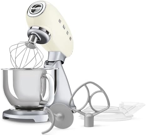 SMEG SMF04 5-Qt Stand Mixer with Smooth Start & SteadyMix, 600W Motor, 10 Speeds, Stainless Steel Bowl & Pour Shield – Retro 50’s Style Planetary Mixer for Bread Dough, Baking & Desserts-Cream