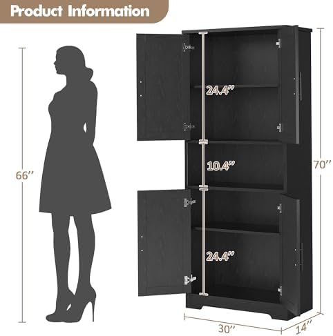 70" Kitchen Pantry Storage Cabinet, Freestanding Buffet Cabinet with Microwave Stand & 4 Door Shelves, Kitchen Hutch with Doors, Adjustable Shelves and Wine Rack, Black.