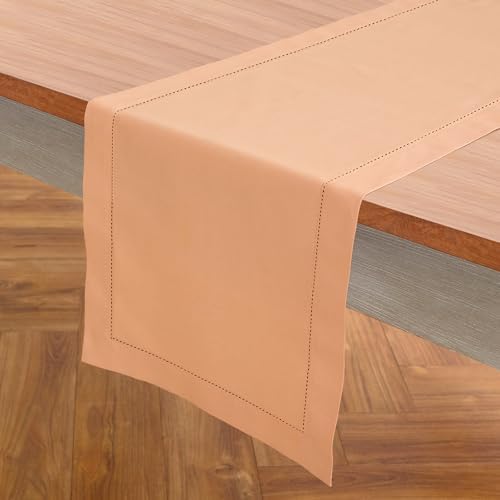 Solino Home Cotton Linen Dining Table Runner Peach Hemstitch, 14 x 48 in