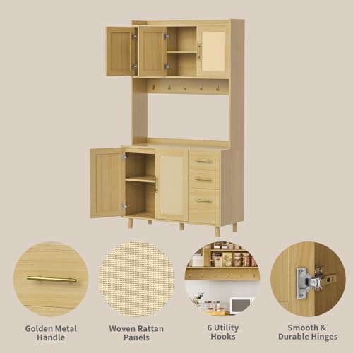 Garvee Rattan Pantry Cabinet, 71 in Kitchen Pantry with Microwave Stand, Freestanding Hutch with Drawers, Doors and Hooks, Boho Storage Cabinet for Dining Room, Kitchen, Living Room, Natural