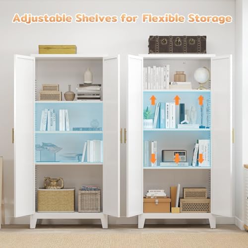 Zevemomo 61" H Metal Kitchen Pantry Cabinet, Freestanding Cupboard with 2 Doors and 3 Adjustable Shelves, Tall Metal Storage Cabinet for Kitchen, Bathroom, Dining Room or Laundry Room （White）