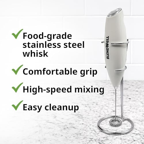 BlendWell Electric Milk Frother for Matcha and Coffee, Handheld Battery Operated Drink Mixer with Stand, Stainless Steel Whisk, White