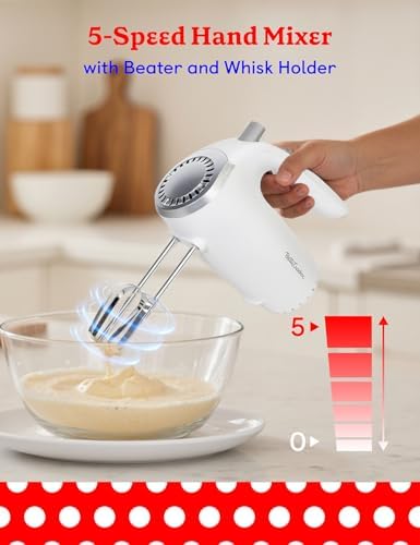 Betty Crocker 2-Piece Kitchen Appliances Combo: 5-Speed Hand Mixer with Food & Vegetable Chopper, 150W Mixer, Chrome Beater & Whisk Attachments, 100W Food Processor with Plastic Bowl, BC-7222W, White