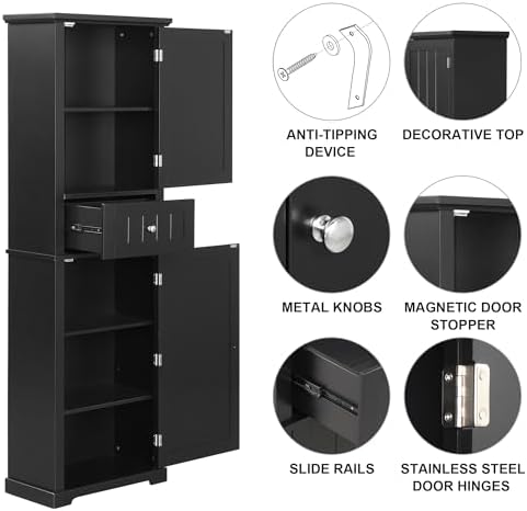 Merax 67.3" Pantry Cabinet with Three Doors & One Drawer, Adjustable Shelves Storage Cupboard for Kitchen/Dining Room/Bathroom, Black