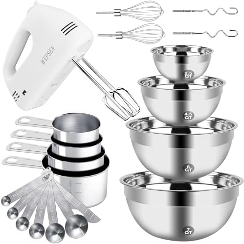 WEPSEN Hand Mixer Electric Mixing Bowls Set, 5 Speeds Handheld Mixer with 4 Nesting Stainless Steel Mixing Bowl, Measuring Cups Spoons 200W Kitchen Blender Whisk Beater Baking Supplies For Beginner