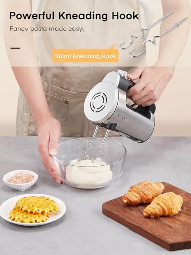 Hand Mixer Electric Handheld, 6 Speed & Turbo Electric Mixer, 300W Handheld Mixer with 2 Stainless Steel Whisk and 2 Dough Hook for Whipping, Mixing Cookies, Brownie, Cakes, Dough Batters, Silver