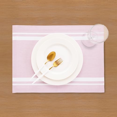 Solino Home 100% Pure Linen Placemats, 14 x 19 in, White Striped, Set of 4