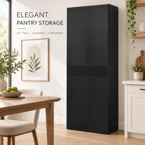 67-Inch Multi-Functional Kitchen Pantry Cabinet with 4 Doors, 3 Adjustable Shelves, 2 Cabinets with 1 Drawer – Elegant Freestanding Farmhouse Storage for Kitchen, Dining and Living Room (Black)