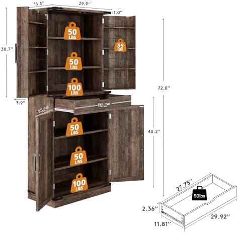 GRUSIGN 72" Kitchen Pantry Storage Cabinet with Doors and Shelves, Wood Farmhouse Pantry Storage with Barn Doors for Kitchen, Dining Room, Living Room, Dark Brown