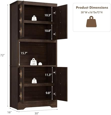 IDEALHOUSE Mid Century Modern Kitchen Pantry Cabinet, 72" Tall Storage Cabinet with Microwave Shelf, Wooden Freestand Cupboard with Carved Flower Door & Crystal Handle, for Dining Room