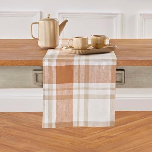 Solino Home 100% Pure Linen Table Runner Fall Harvest Plaid, 14 x 90 in