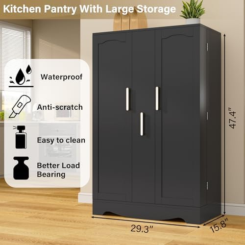 kepptory 47“ Black Kitchen Pantry Cabinet with Pull-Out Drawer