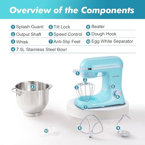 Aucma Stand Mixer, 8QT 900W 6-Speed Tilt-Head Food Mixer, Kitchen Electric Mixer with Dough Hook, Wire Whip & Beater (Blue, 8QT)