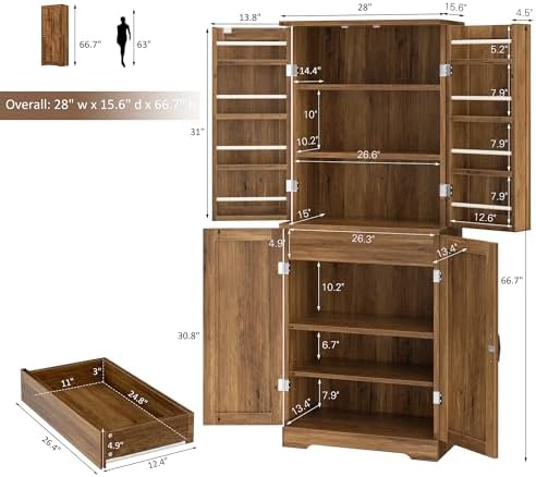 Shintenchi Kitchen Pantry Cabinet, Farmhouse Tall Cupboard, Rustic Brown